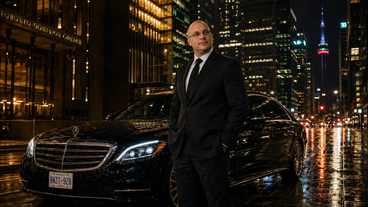 Executive vehicle at night in downtown Toronto with the CN Tower — Paramount Defense Group executive protection