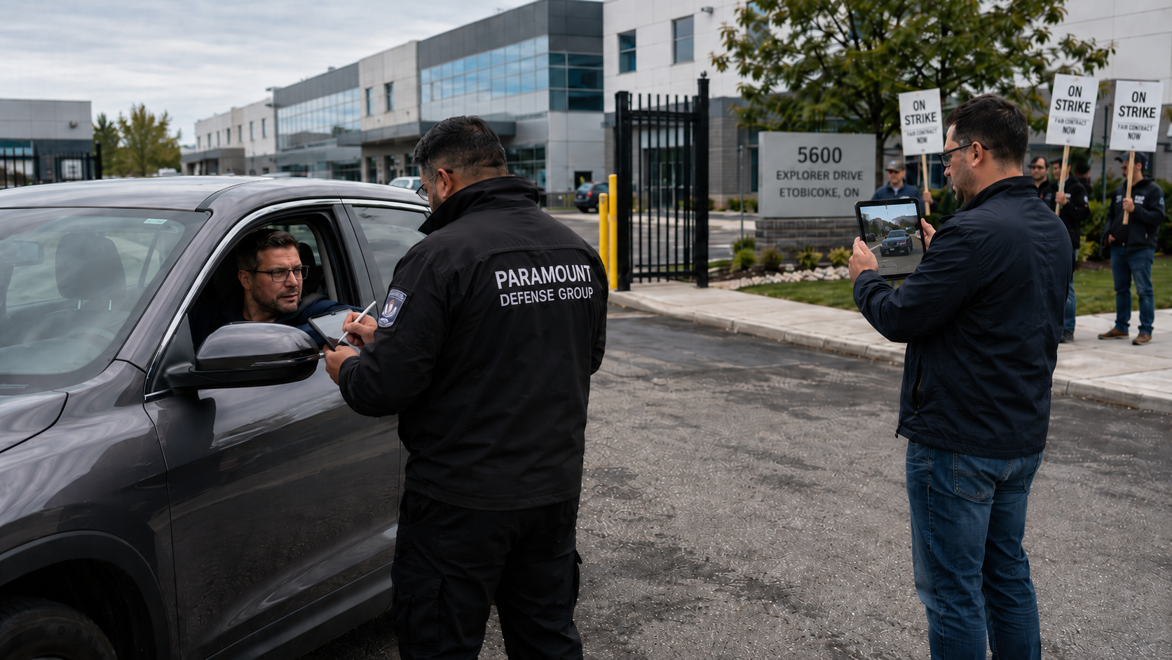 Paramount Defense Group officer managing site access at a picket line outside a Toronto-area facility