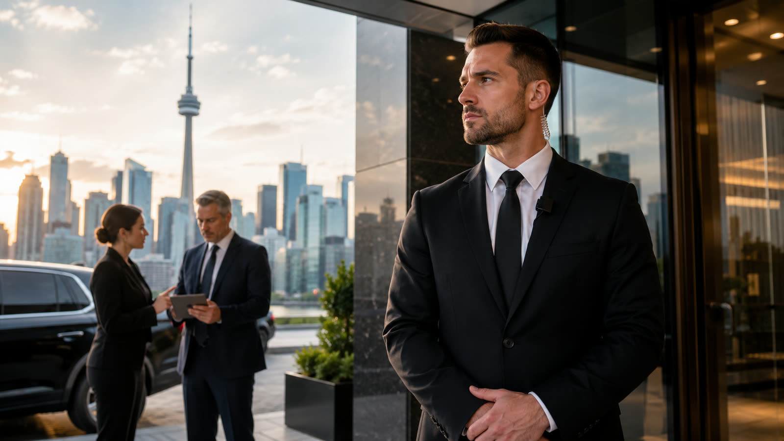 Executive protection agent and corporate security personnel outside a downtown Toronto office tower with the CN Tower and city skyline behind them.