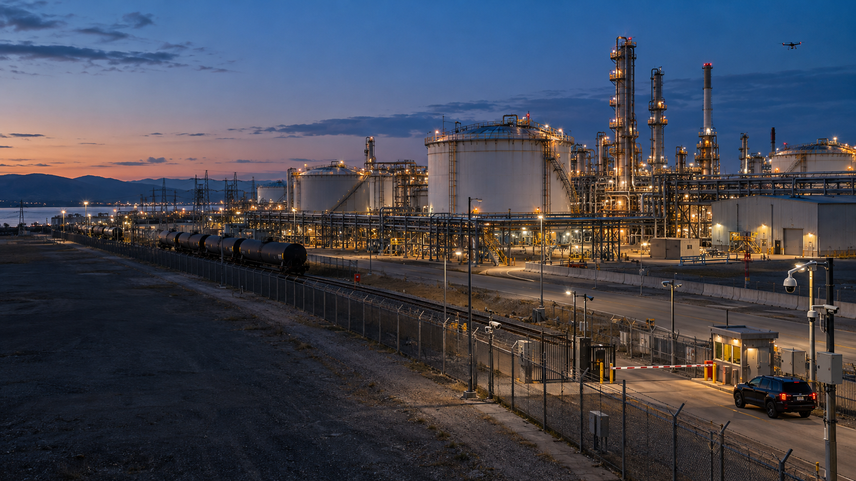 Illustrative oil and gas processing facility with storage tanks, railway infrastructure, secured perimeter, and surveillance systems.
