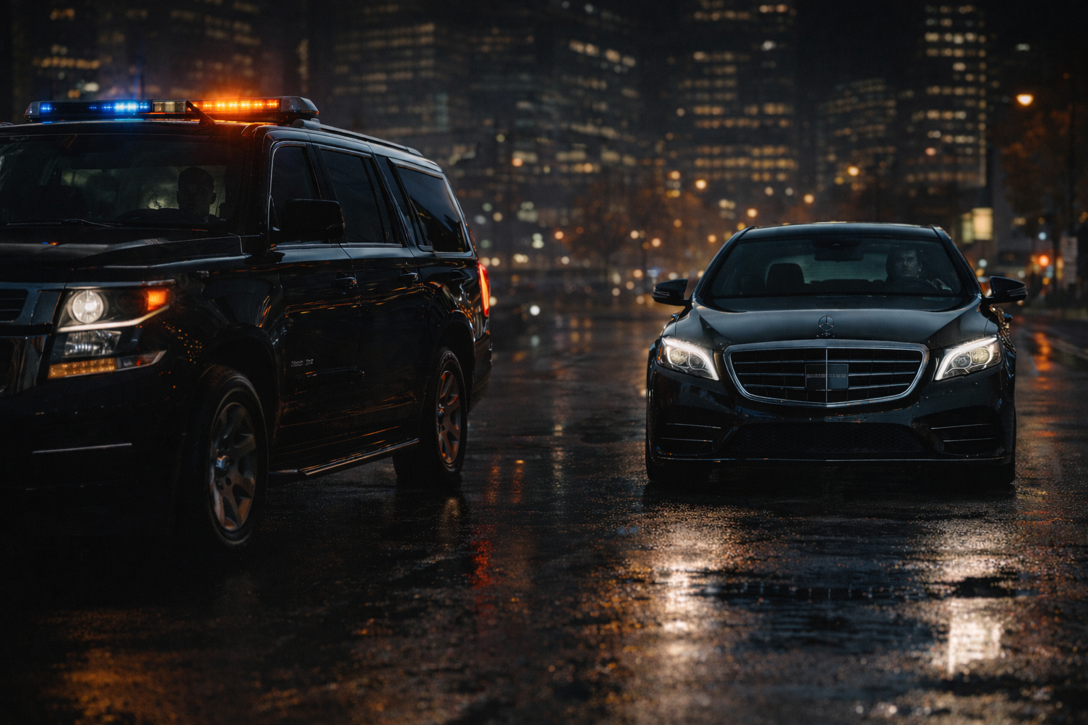 Black armored SUV on a Toronto street at night, secure executive transportation