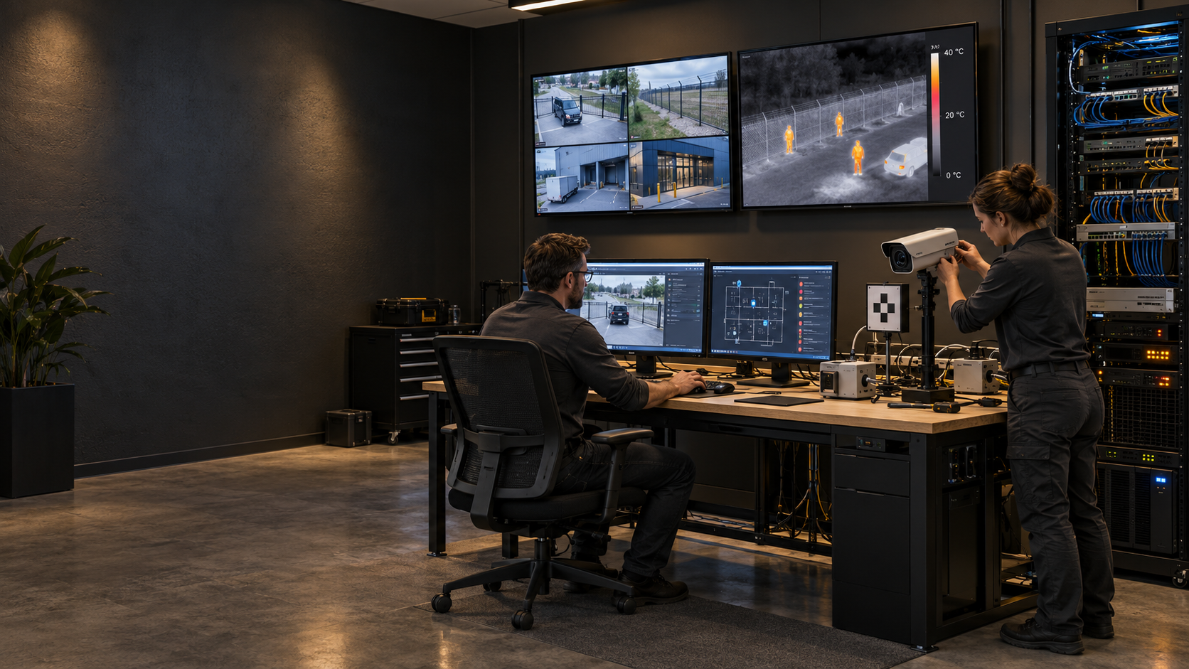 Security systems engineers configuring surveillance cameras, thermal imaging, intelligent monitoring systems, and network infrastructure in a technology integration laboratory.