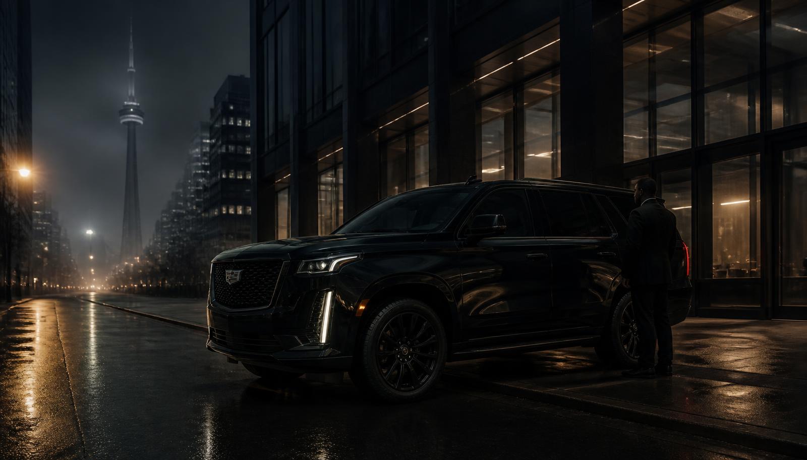 Executive protection agent beside a black full-size luxury SUV outside a downtown Toronto office tower at night, CN Tower in the background