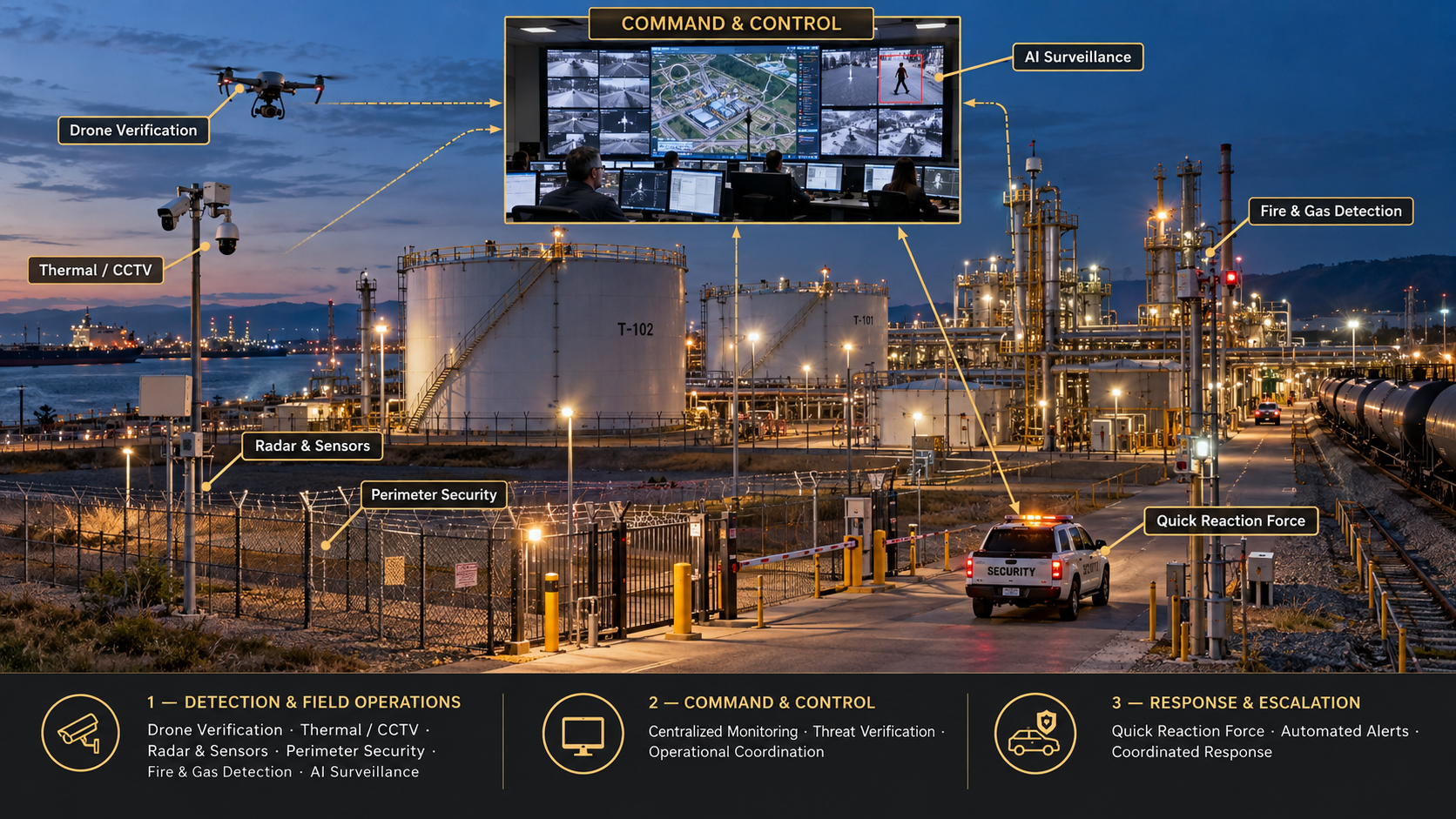 TIGHT LEASH integrated security architecture showing field detection, command and control, and coordinated response.